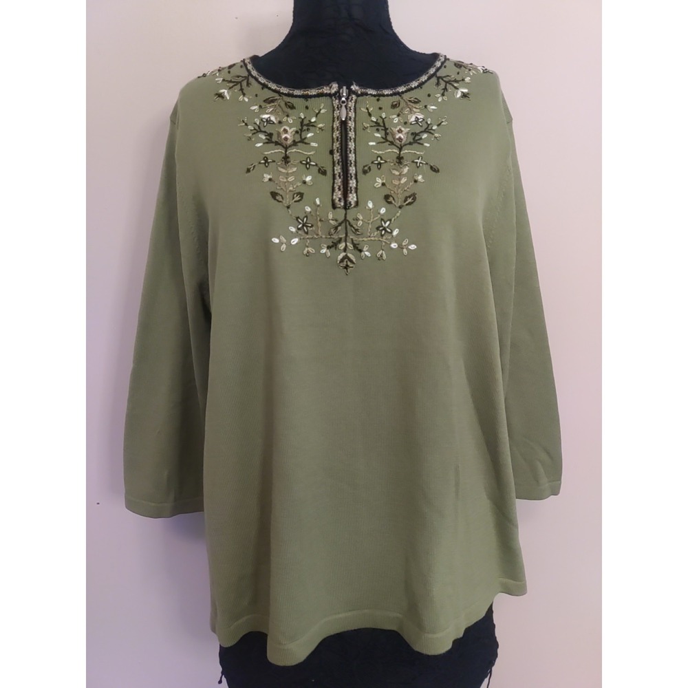 Dress Barn Olive Green Miss Soni Floral Embroidery 1/4 Zip Sweater Size 22/24